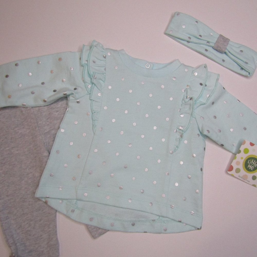 Little Me baby girls 3 piece mint jersey knit outfit size 3 mo silver polka dots